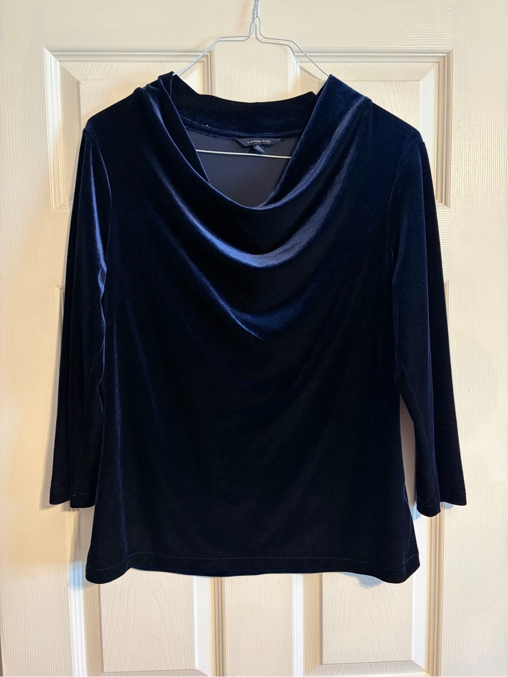 Lands’ End Navy Blue Velvet Cowl Neck Top Women’s M 10-12 Stretch Holiday Party
